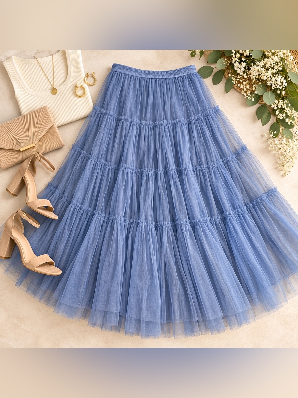 PrettyGarden L Blue Tiered Tulle Maxi Skirt Romantic Wedding Guest